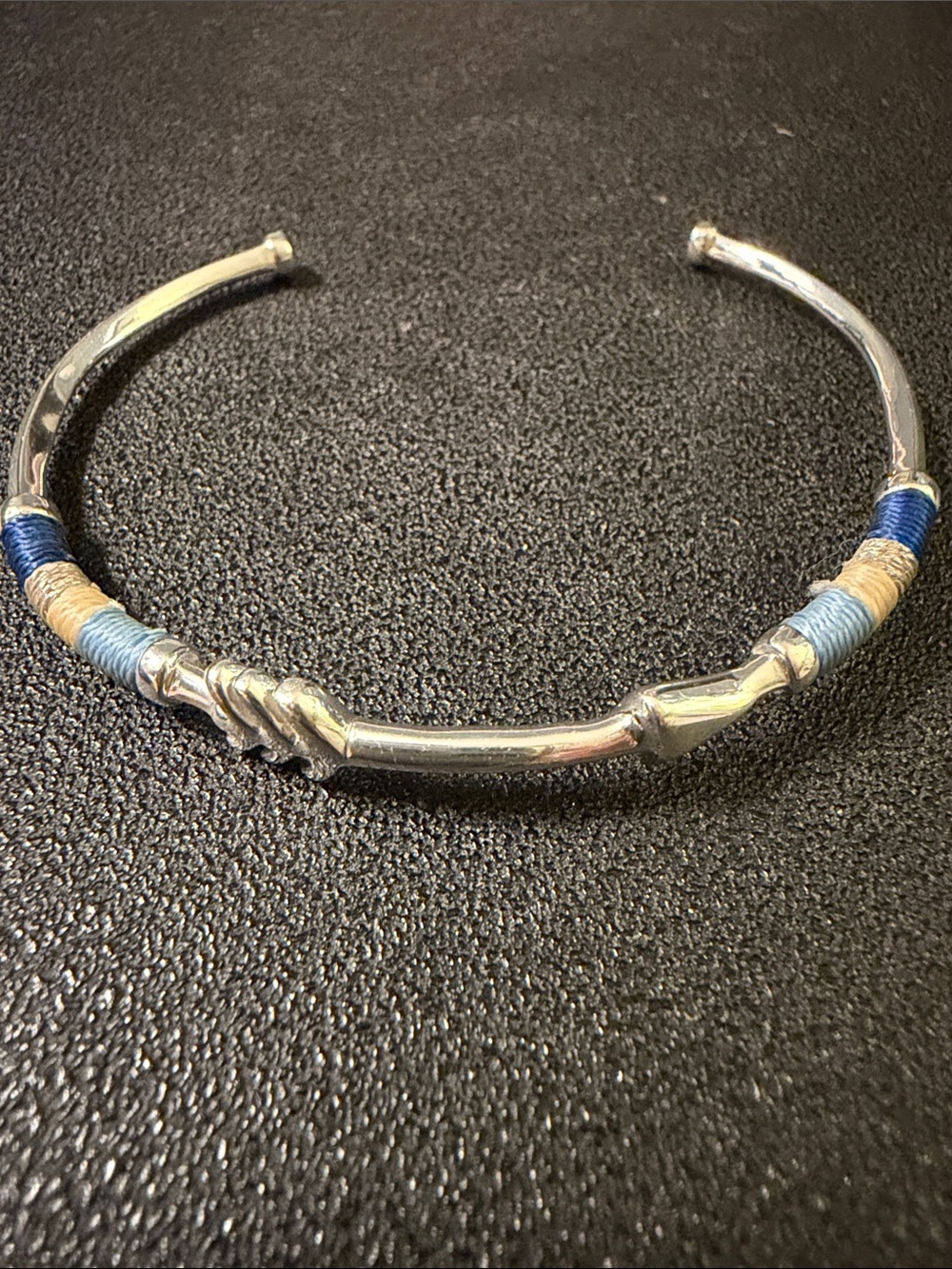 Silver-Tone Cuff Bracelet with Blue and Cream Thread Accents